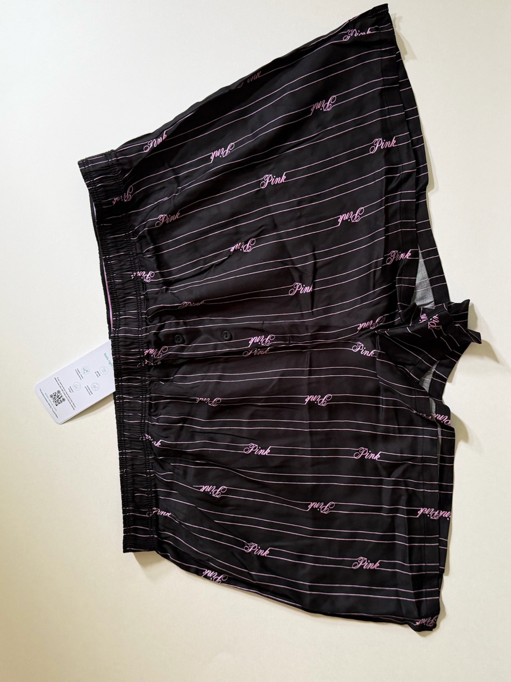 PINK Victoria's Secret Black Satin Pinstripe Sleep Shorts with Pink Script